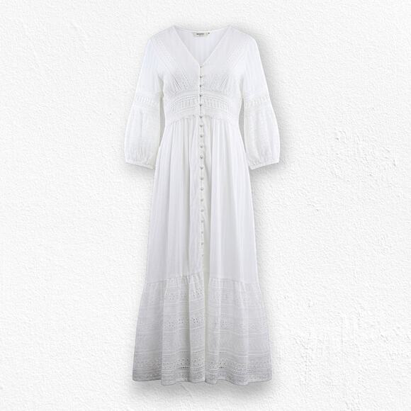 Anthropologie Dresses & Skirts - Anthropologie White Eyelet Button Front Puff Sleeve Boho Midi Dress Size 4